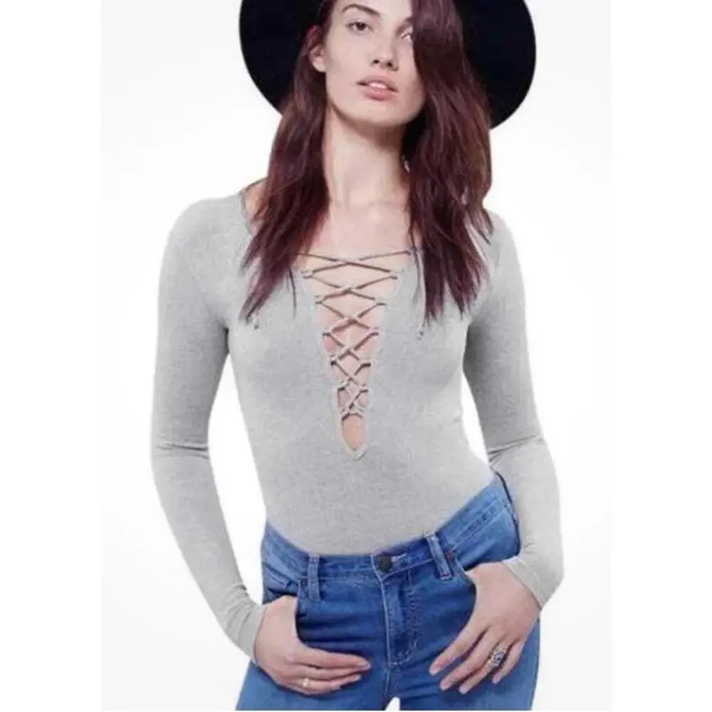 Free People Seamless Lace Up Layering Top Long Sleeve Bodycon Grey‎ Size XS/S